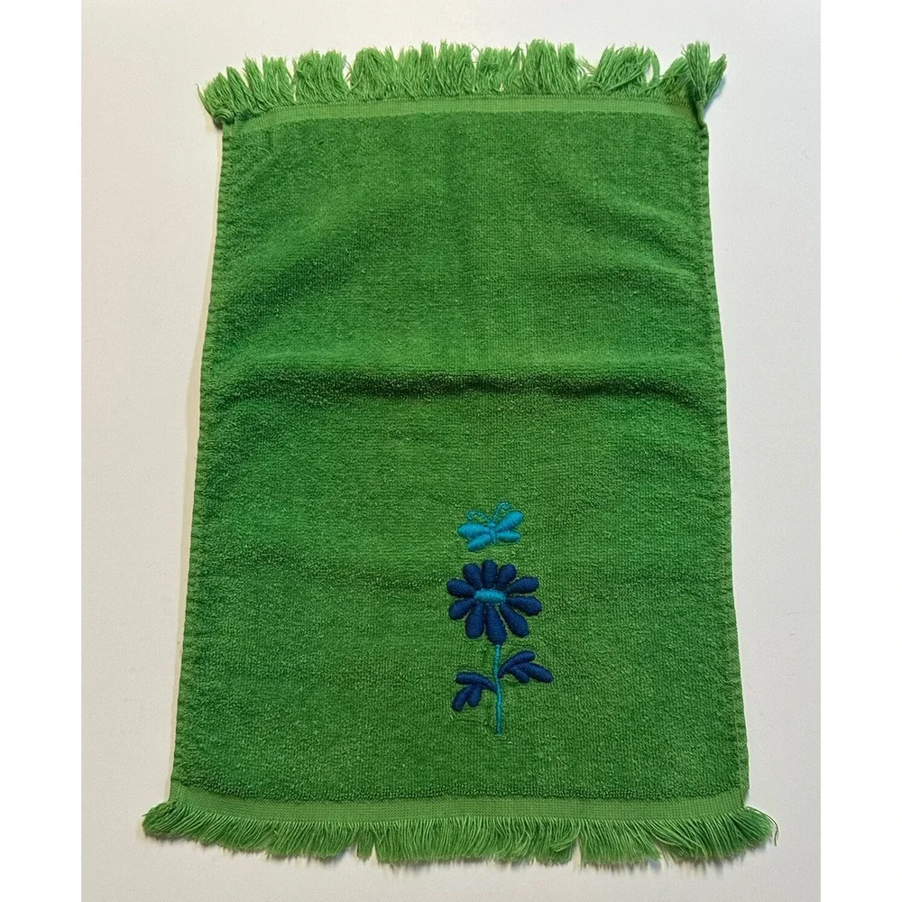 Vtg Retro Hand Towel Velour / Terry Cloth Sides Green Blue Floral Butterfly